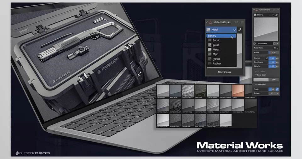 Material Works - Easily apply customizable textures with full control over transparency and emission settings for a dynamic finish.